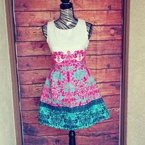 Sleeveless Printed Midi Dress in White, Pink & Teal